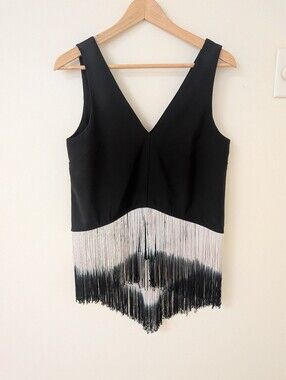 Pink Stitch Black V-Neck Dip-Dyed Ombré Fringe Hem Tank Top - Size 4